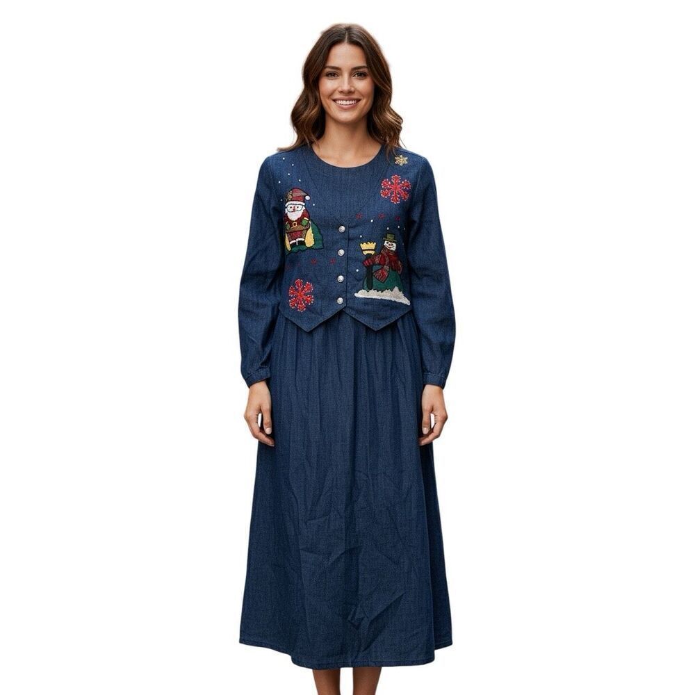 Mosaic Size 10 Twofer Denim Long Dress Embroidered Snowman Print Winter Teacher